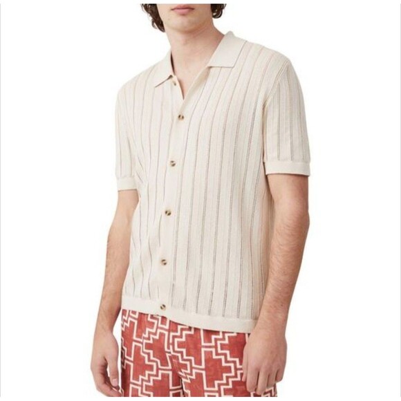 Cotton On Shirt Mens Medium Ecru Button Polo Knit Open Weave Short Sleeve Resort - Picture 1 of 9